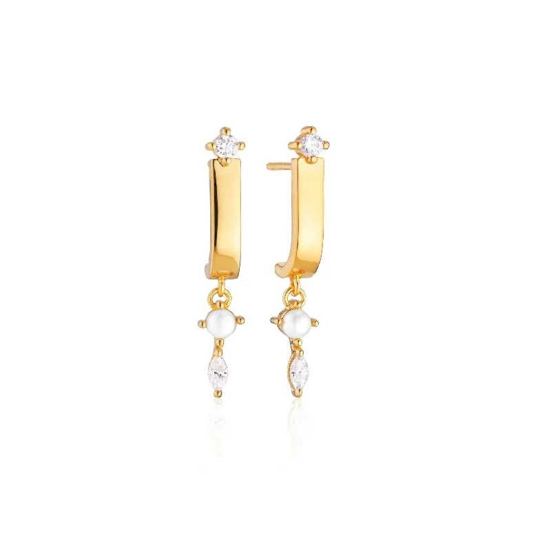 Trendy Drop Earrings-Adria Tre Pendolo Gold Plated Earrings w. White Zirconias & Pearl