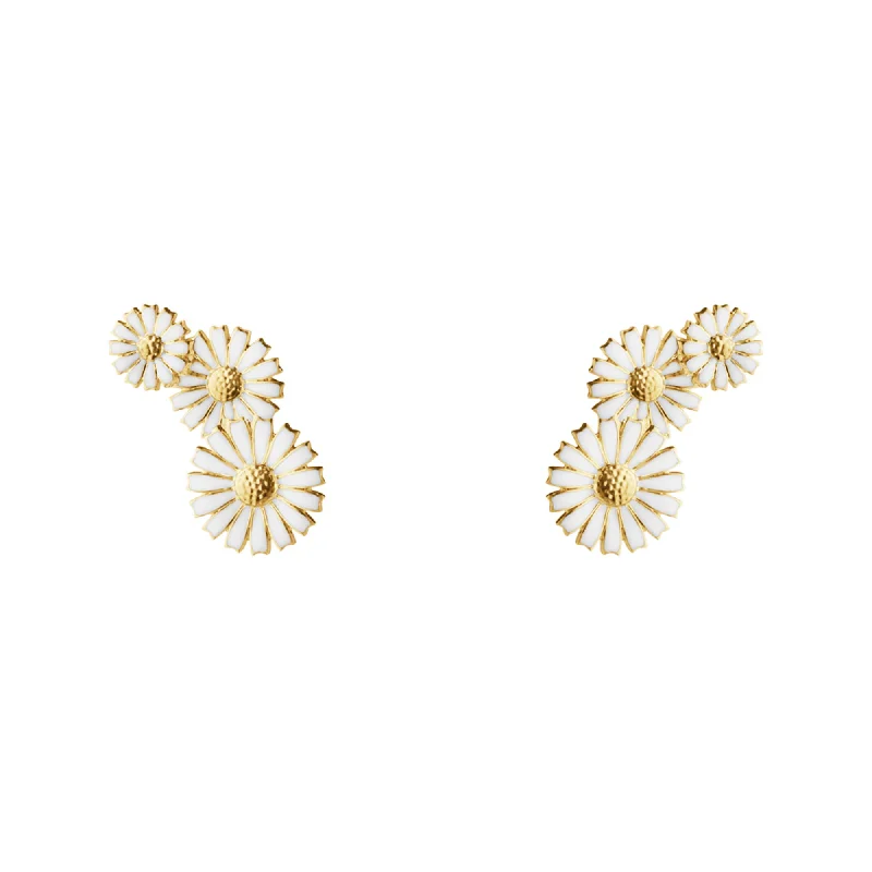 Trendy Gold Earrings-Daisy 3 Flower Layered Gold Plated Earrings w. White Enamel