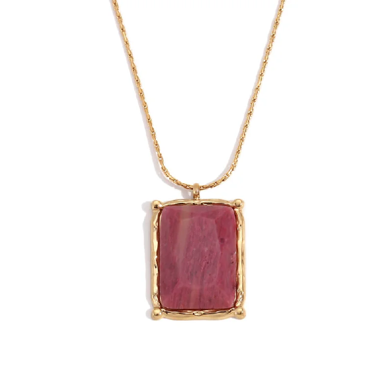 Rectangular Natural Stone Pendant Necklace - Gold - Red Strawberry