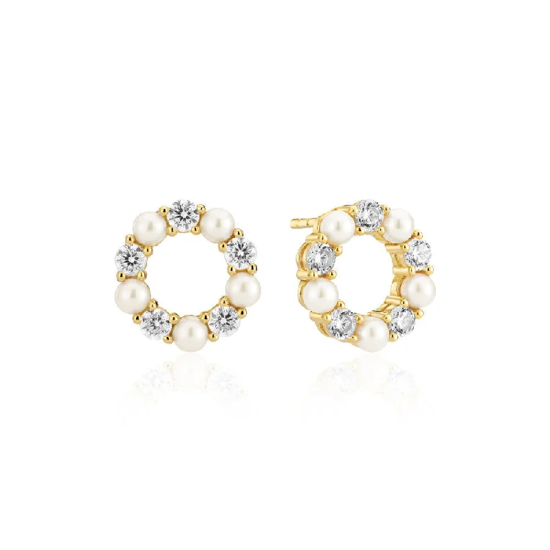 Modern Hoop Earrings for Women-Biella Perla 18K Gold Plated Earrings w. Zirconia & Pearl