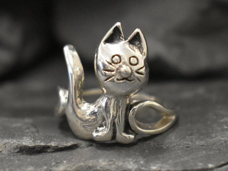 Women’s Wedding Bands with Sapphire-Silver Cat Ring - Cartoon Cat Ring - Cat Lover Ring