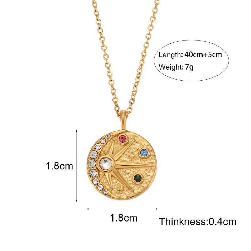 Colored Zircon Sun Moon Beat Pattern Coin Pendant Necklace