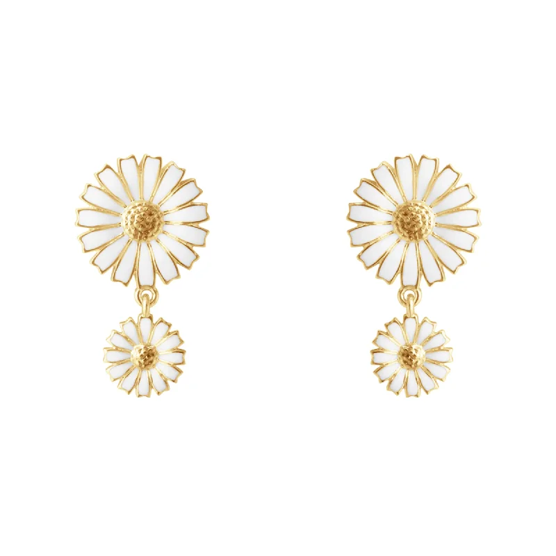 Simple Hoop Gemstone Earrings-Daisy Double Gold Plated Earrings w. White Enamel