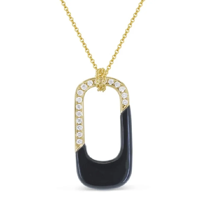 Zodiac Sign Necklaces-14K Yellow Gold Black Onyx & Diamond Oblong Pendant Necklace