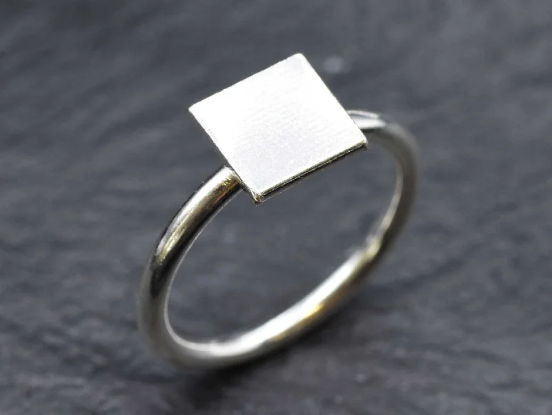 Handcrafted Engagement Rings-Silver Square Ring - Minimalist Silver Ring, Simple Square Ring