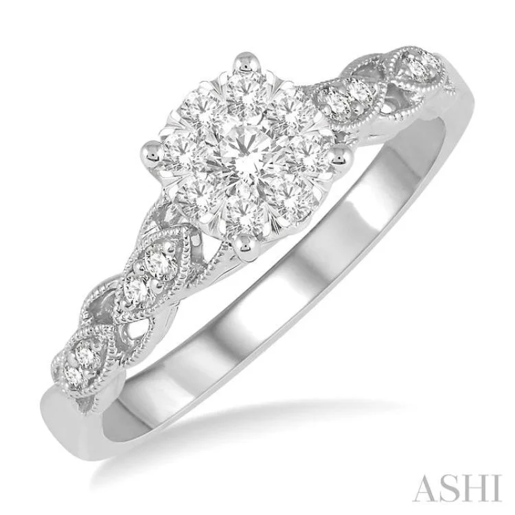 Custom Platinum Promise Rings-3/8 ctw Two-Tone Lattice Shank Round Cut Diamond Lovebright Ring in 14K White Gold