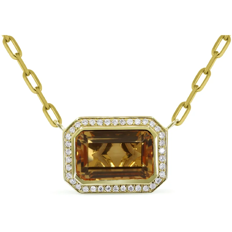 Artistic Necklaces-14K Yellow Gold Emerald Cut Citrine and Diamond Bezel Pendant