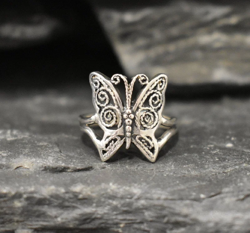 Designer Gold Wedding Rings-Silver Butterfly Ring - Vintage Butterfly Ring - Small Animal Ring