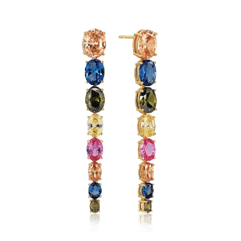 Geometric Drop Earrings for Women-Ellisse Lungo Otto 18K Gold Plated Earrings w. Colored Zirconias