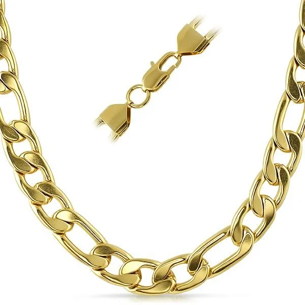 Mixed Metal Necklaces-Figaro IP Gold Stainless Steel Chain Necklace 12MM