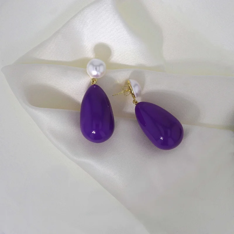 Personalized Drop Earrings-Drop Purple & White Gold Plated Earrings w. Pearls