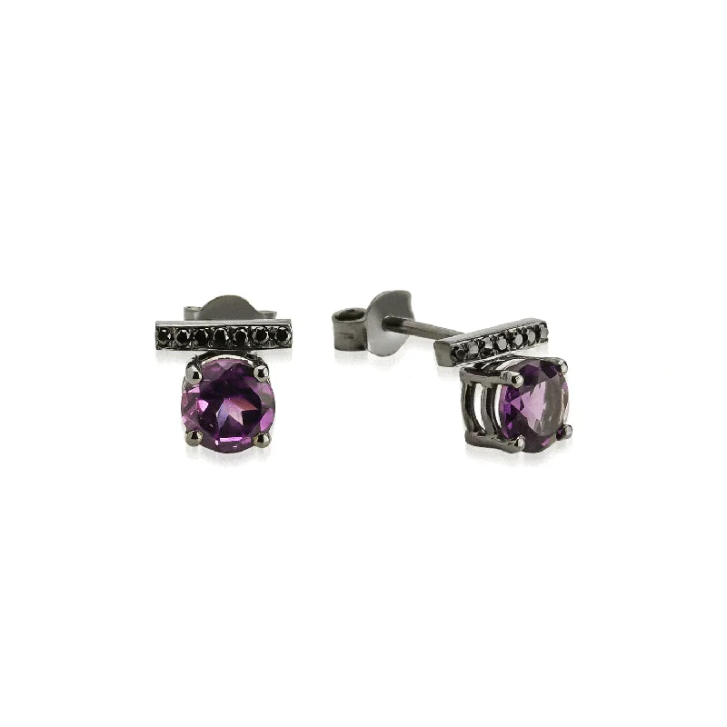 Geometric Crystal Earrings-Amethyste Noir 18K Gold Earrings w. Diamonds & Amethyst