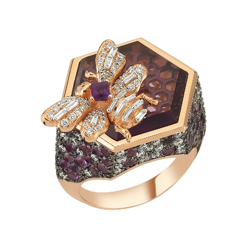 Fashion Engagement Rings for Women-QUEEN BEE GOLD DIAMOND AMETHYST RING