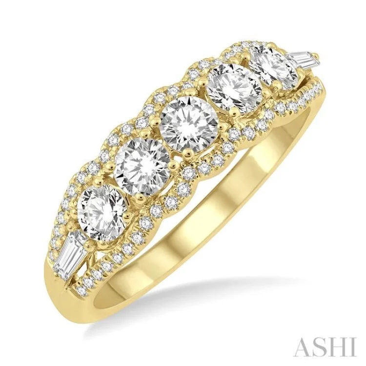 Affordable Gemstone Wedding Rings-1.00 ctw Baguette and Round Cut Diamond Fashion Ring in 14K Yellow Gold