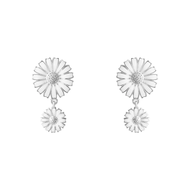 Elegant Gold Earrings-Daisy Double Silver Earrings w. White Enamel