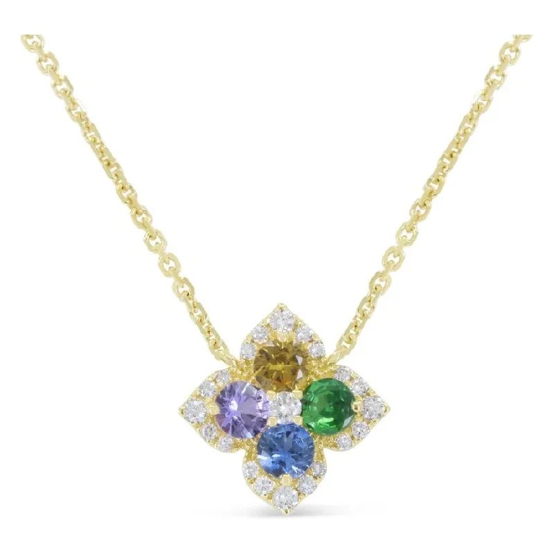 Gemstone Necklaces-14K Yellow Gold Multi-Sapphire Flower Pendant Necklace