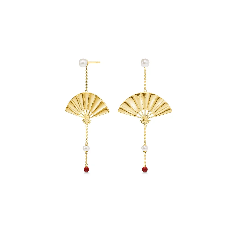 Classic Gold Hoop Earrings-Hanging Fan Gold Plated Earrings w. Pearl & Coral