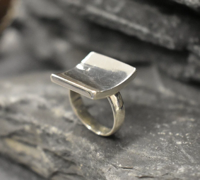 Adjustable Wedding Ring Bands-Silver Square Ring - Square Curved Ring - Large Square Ring