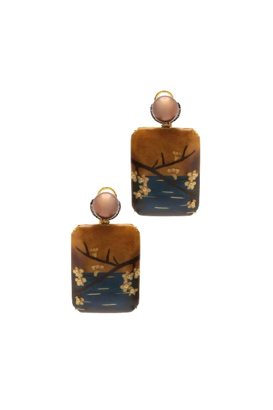 Stylish Drop Earrings for Women-Marquetry Brown Pearl 18K Gold Earrings w. Pearl