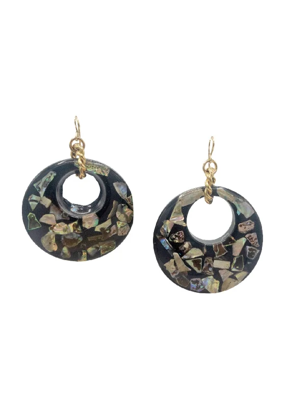 Simple Hoop Drop Earrings-Abalone Black Resin Earrings