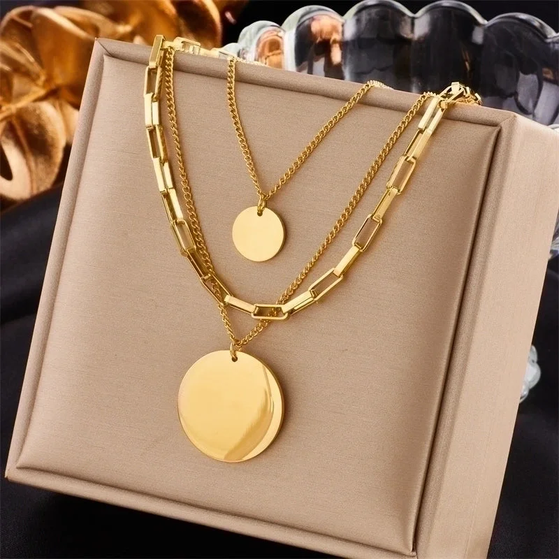 Statement Chain Necklaces-Retro Punk Round Stainless Steel Layered Plating 18k Gold Plated Layered Necklaces