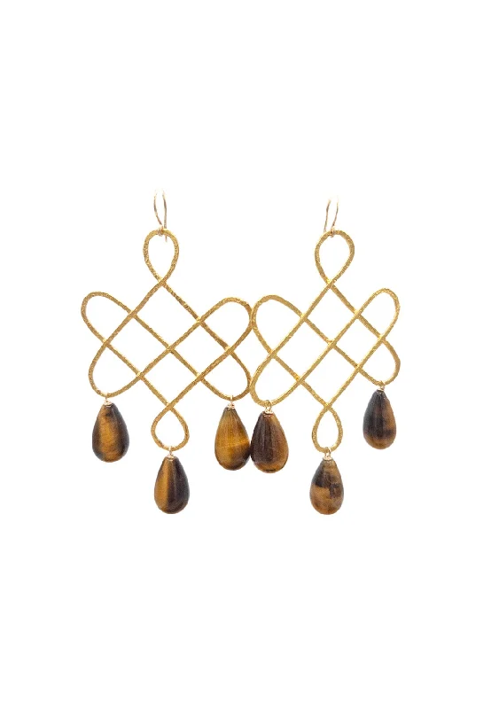 Geometric Hoop Earrings for Women-Gold Trellis TIger's Eye Earrings