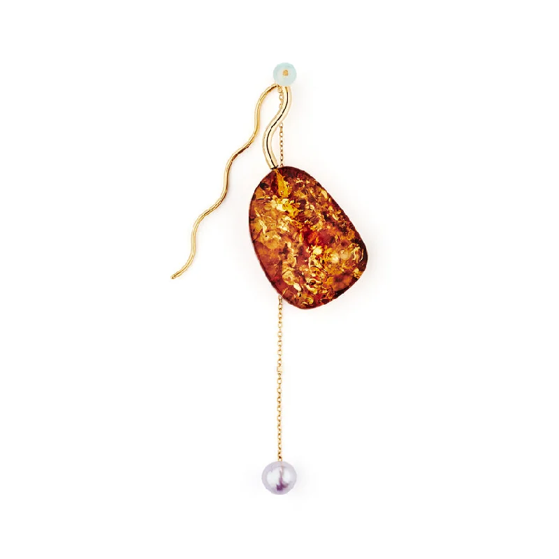 Crystal Drop Earrings-Amphitrie Electrum Gold Plated Earring w. Pearl, Amber & Aquamarine