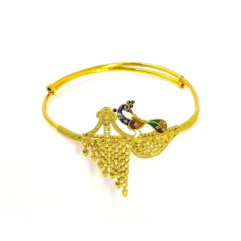 Natural Stone Bracelets-22K Yellow Gold Vanki Arm Bracelet W/ Asymmetric Meenakari Peacock Accent