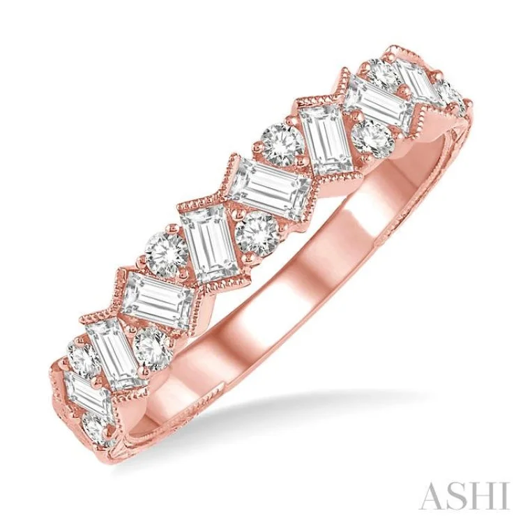 Custom Rose Gold Engagement Rings-5/8 ctw Zigzag Baguette and Round Cut Diamond Ring in 14K Rose Gold