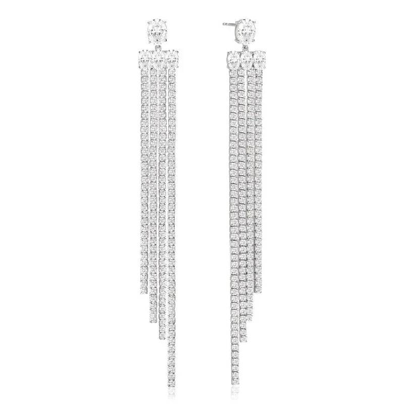 Large Drop Earrings for Women-Ellisse Lungo Exclusive Grande Silver Earrings w. Zirconias