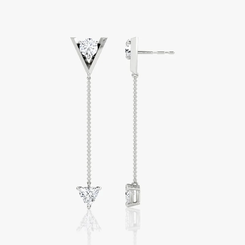 Designer Pearl Drop Earrings-V Duo Dangle 14K White Gold Earrings w. 1.0ct Lab-Grown Diamonds