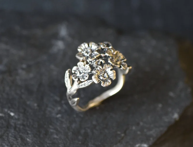 Stackable Diamond Rings-Silver Flower Ring - Chunky Flower Ring - Large Flower Ring