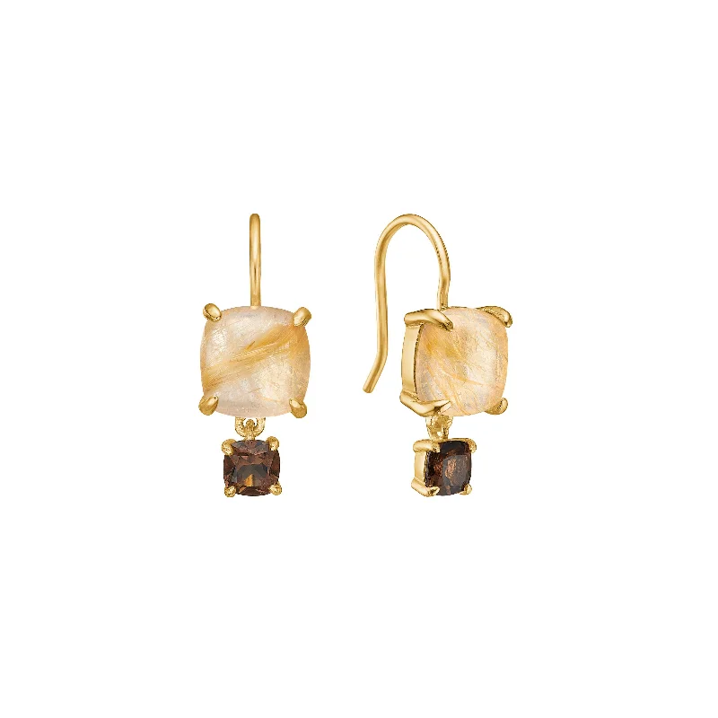 Simple Crystal Earrings for Women-18K Gold Plated Earrings w. Rutile & Smoked Quartz