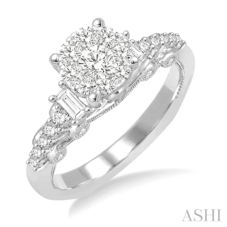 Customizable Wedding Ring Sets-3/4 ctw Round and Baguette Diamond Lovebright Engagement Ring in 14K White Gold