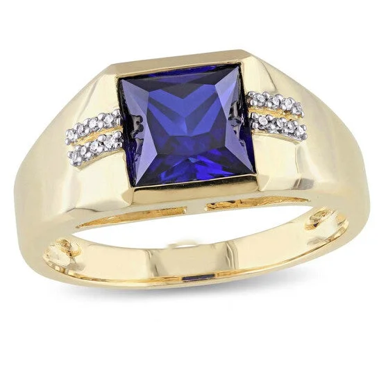 Custom Engagement Rings with Diamond Accents-Original Amour Blue Sapphire Yellow Gold Diamond Men's Ring