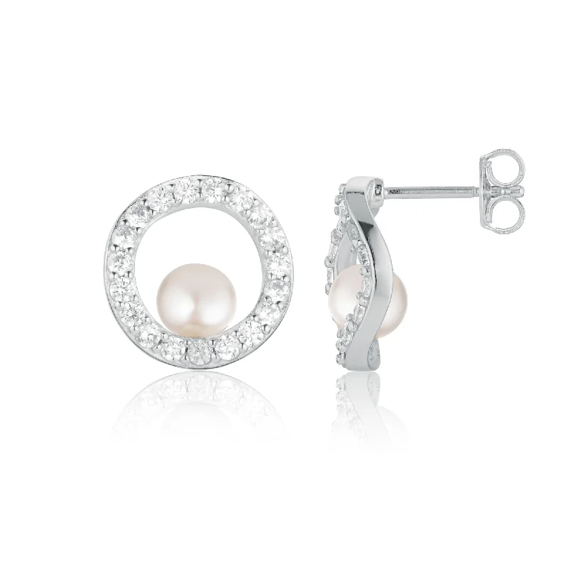 Custom Drop Earrings for Women-Ponza Circolo Silver Earrings w. Zirconias & Pearl