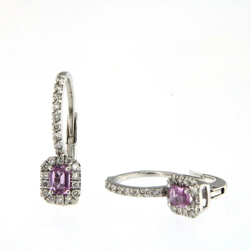 Simple Gold Earrings for Women-Candy 18K White Gold Earrings w. Diamonds & Pink Sapphire