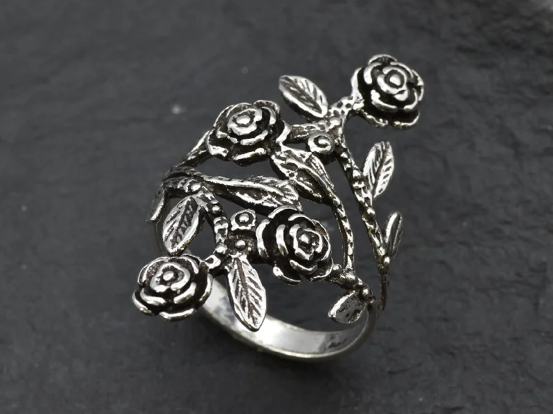 Unique Vintage Rings-Silver Rose Ring - Long Flower Ring - Silver Flower Ring