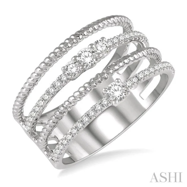 Custom Stackable Wedding Rings-3/8 ctw Rope and Round Diamond Multi Row Layered Fashion Ring in 14K White Gold