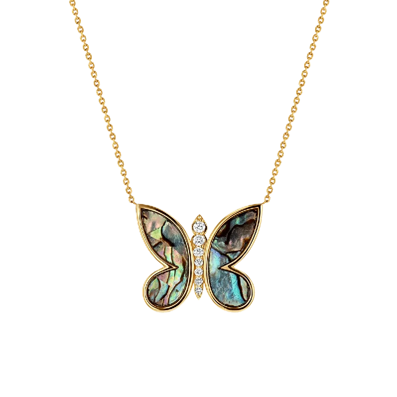 Vintage Gold Necklaces-Diamond Abalone Inlay Butterfly Necklace