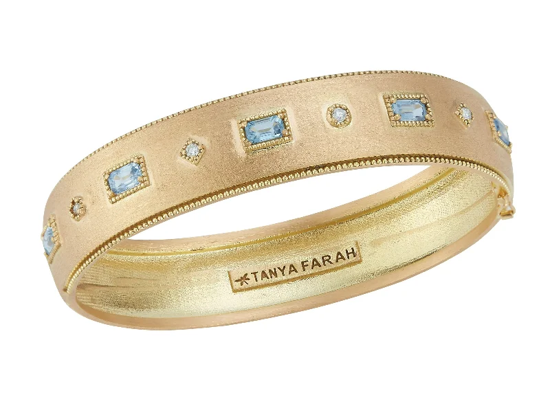 Gold Bangle Bracelets-Ceylon Sapphire & Diamond Bezel Wide Bangle