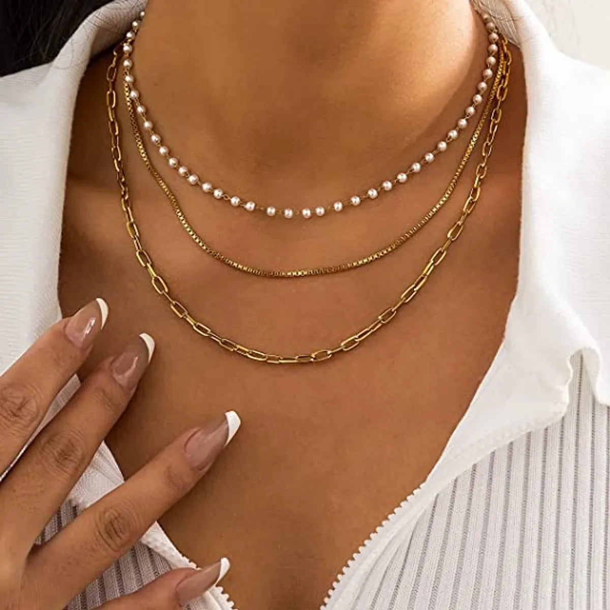 Bohemian Necklaces-Fashion 18k Gold Stainless Steel Small Pearl Chain Three-layer Necklace Women