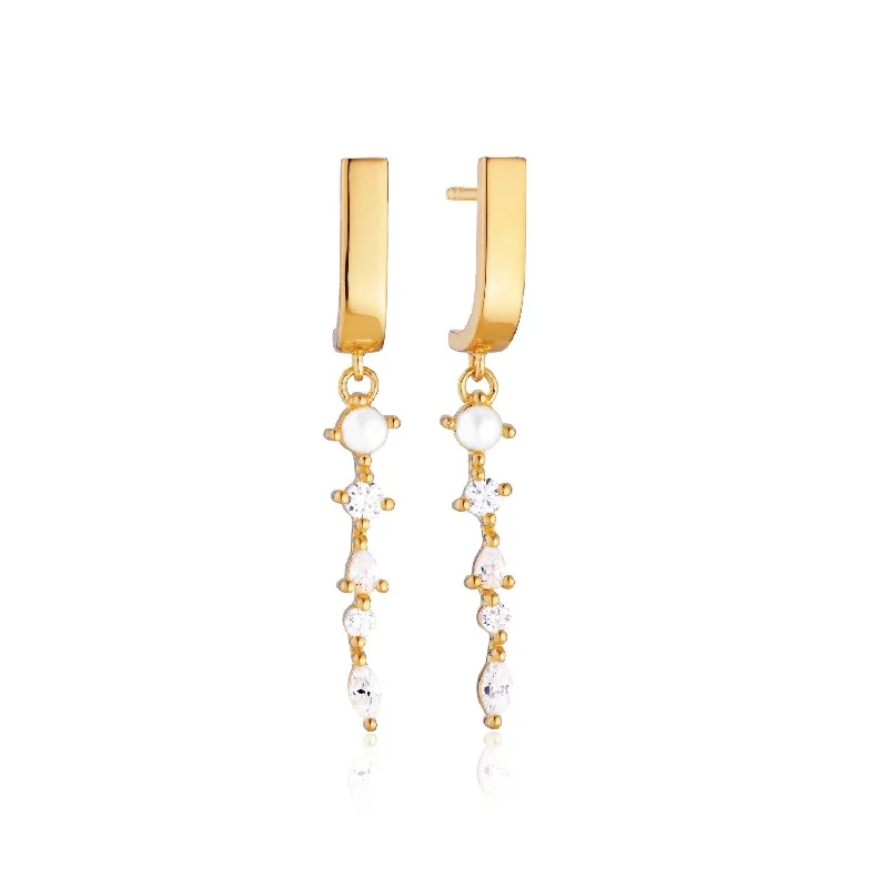 Designer Hoop Drop Earrings for Women-Adria Pendolo Gold Plated Earrings w. White Zirconias