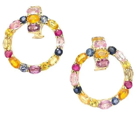 Personalized Silver Earrings-18 Karat Yellow Gold Multi-Color Sapphire Hoop Drop Earring