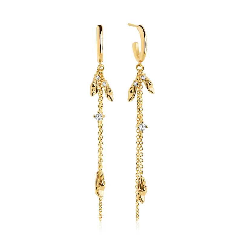 Large Gemstone Earrings for Women-Vulcanello Double Chain Gold Plated Earrings w. White Zirconias