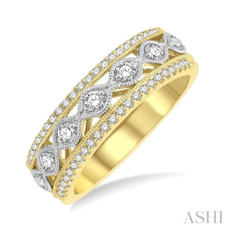 Custom Vintage Promise Rings-3/8 ctw Lattice Two Tone Round Cut Diamond Fashion Ring in 14K Yellow and White Gold