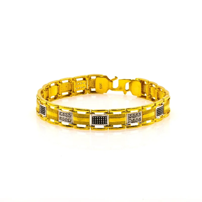 Men's Black Bracelets-22K Multi Tone Gold Men's Bracelet W/ Precious CZ Gems & Black Hand Paint