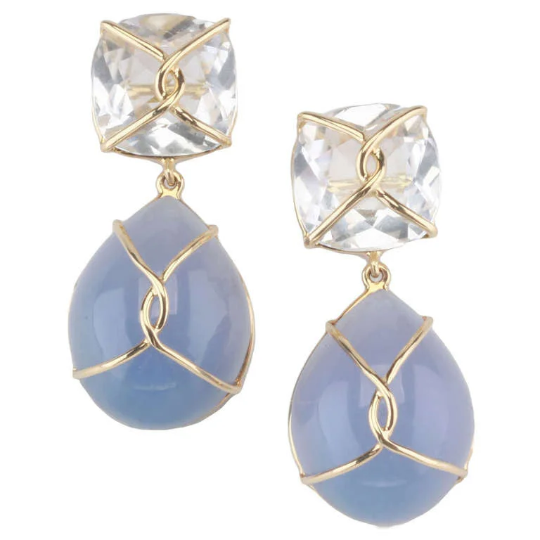 Custom Pearl Earrings-18kt Yellow gold Wrapped Drop Earrings with Rock Crystal and Cabochon Chalcedony