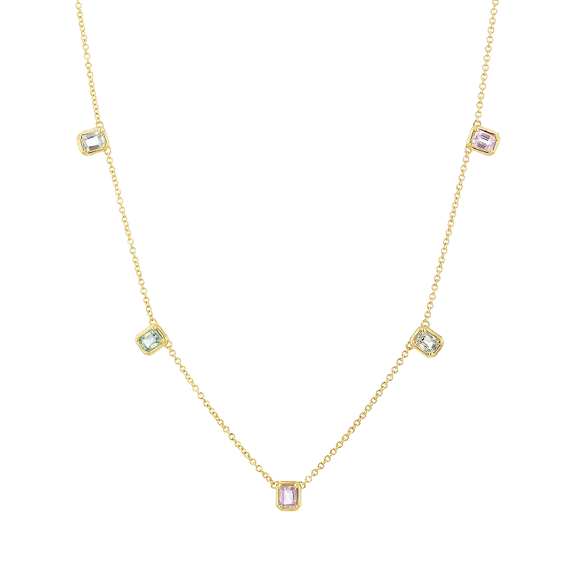 Chakra Healing Necklaces-Emerald Cut Sapphire Station Necklace