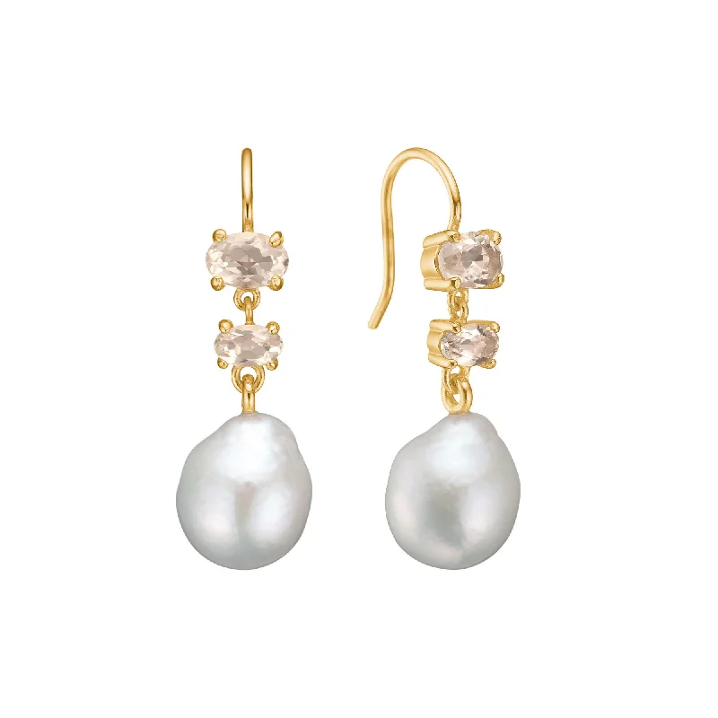 Designer Hoop Earrings-Unicorn 18K Gold Plated Earrings w. Quartz & Pearls